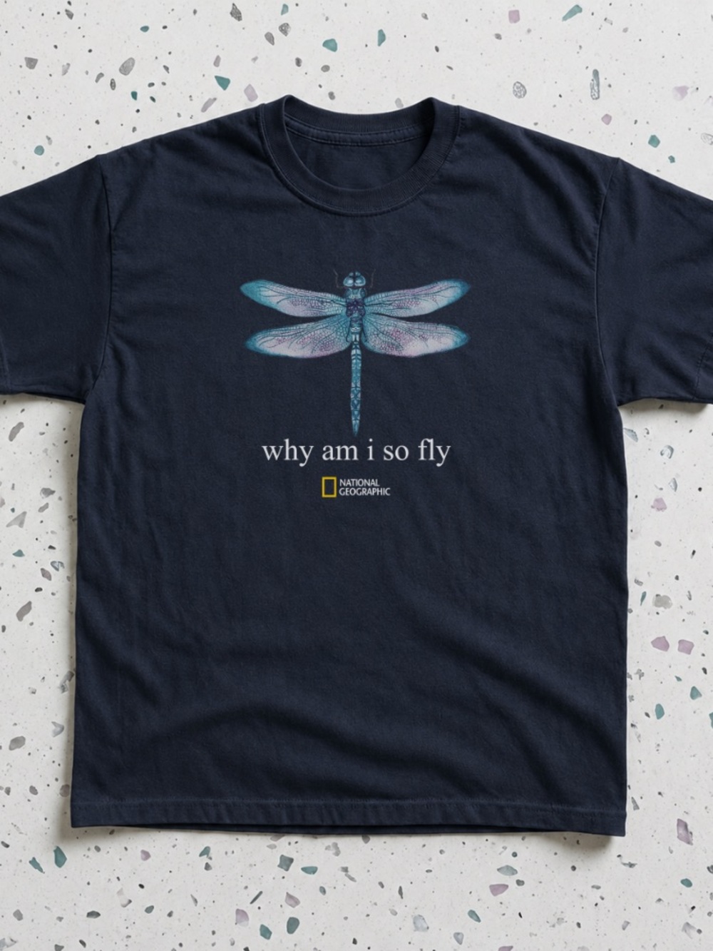 National Geographic "Why Am I So Fly" Dragonfly Tee - Brand New Navy Gildan 5000